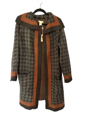 Max Studio Houndstooth Cardigan Coat Gray Green Rust Trim Open Front Long NWT XS
